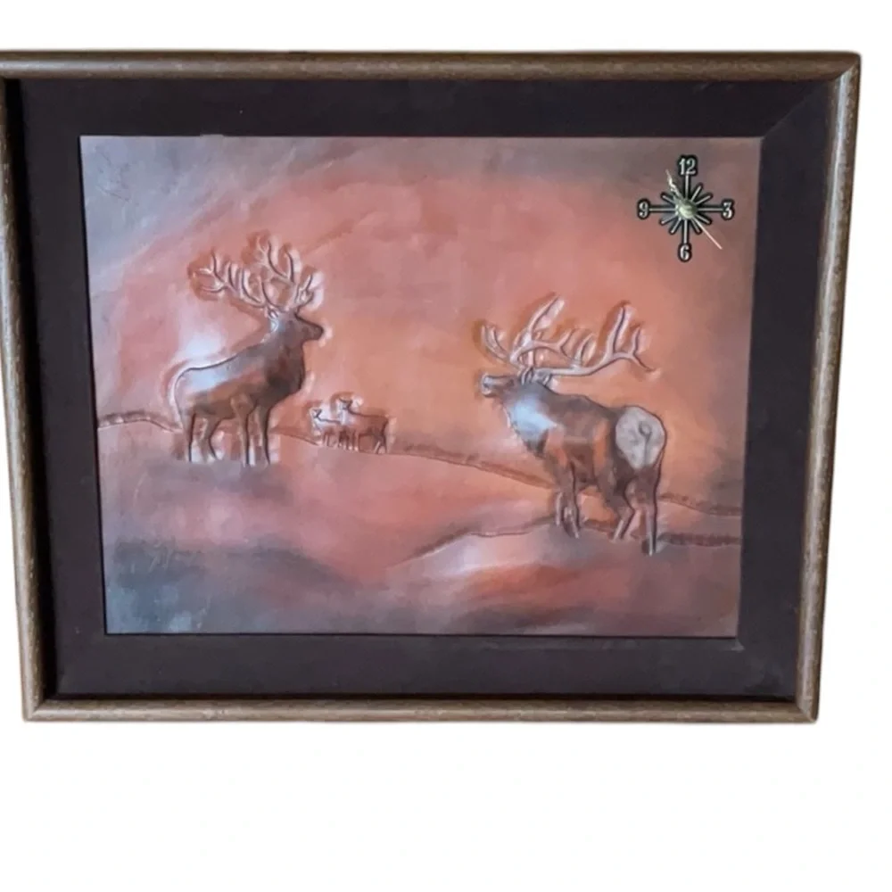 Tooled Clock LEATHER Signed Bo-BEK  Herd of Elk /Bucks 70’s Wall Decor Great